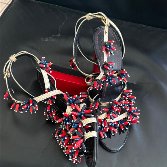 Tory Burch Gold Strap Heels with Red & Navy Bead Embellishments - Picture 5 of 5